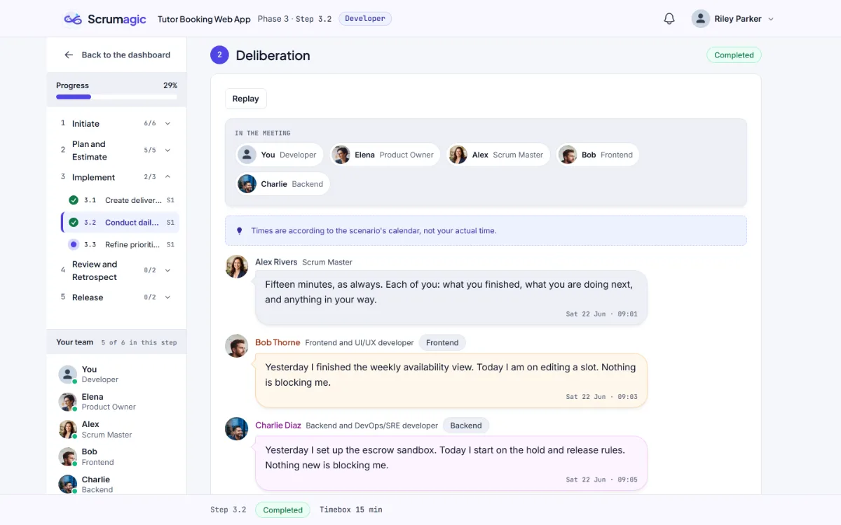 The daily standup in progress as a Developer, with the team in the meeting and the other developers reporting in chat