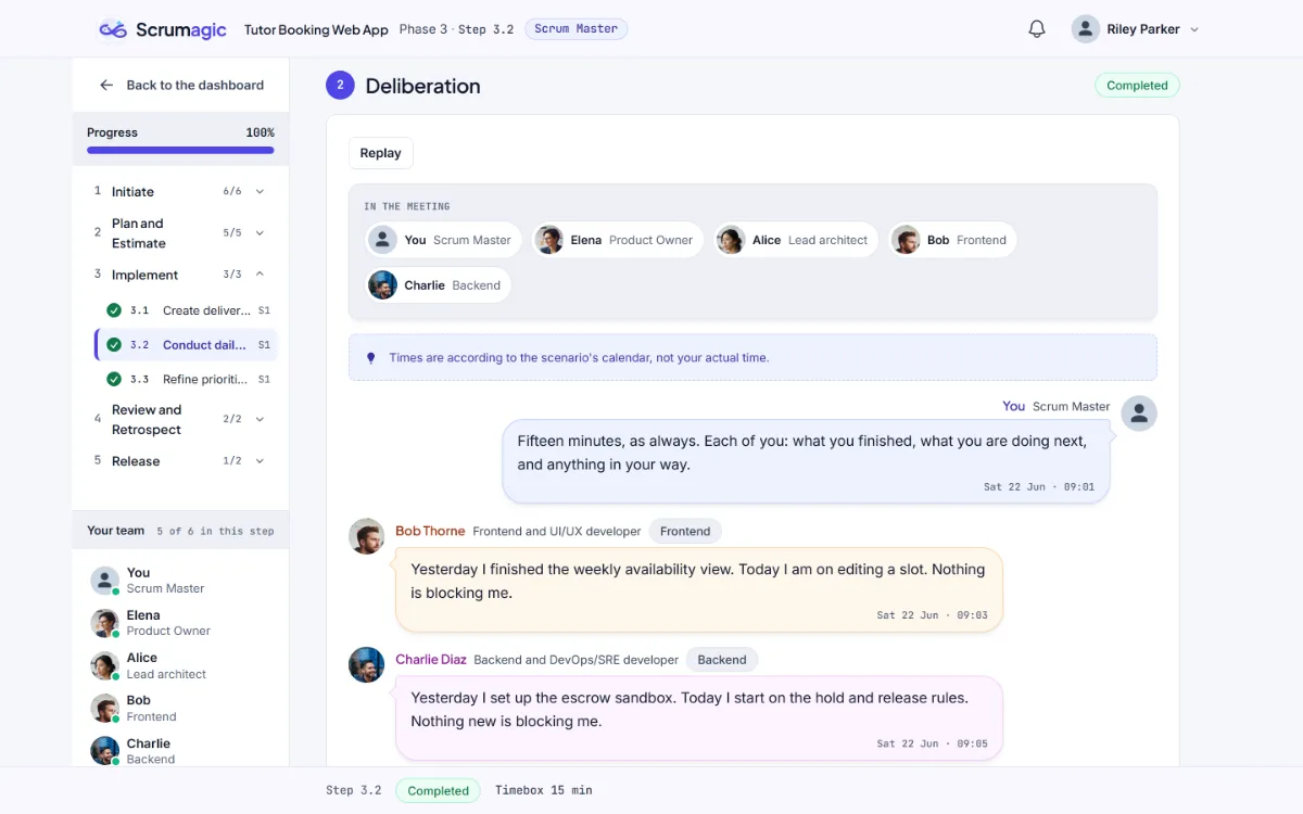 The daily standup in progress as the Scrum Master, with the team in the meeting and developers reporting in chat
