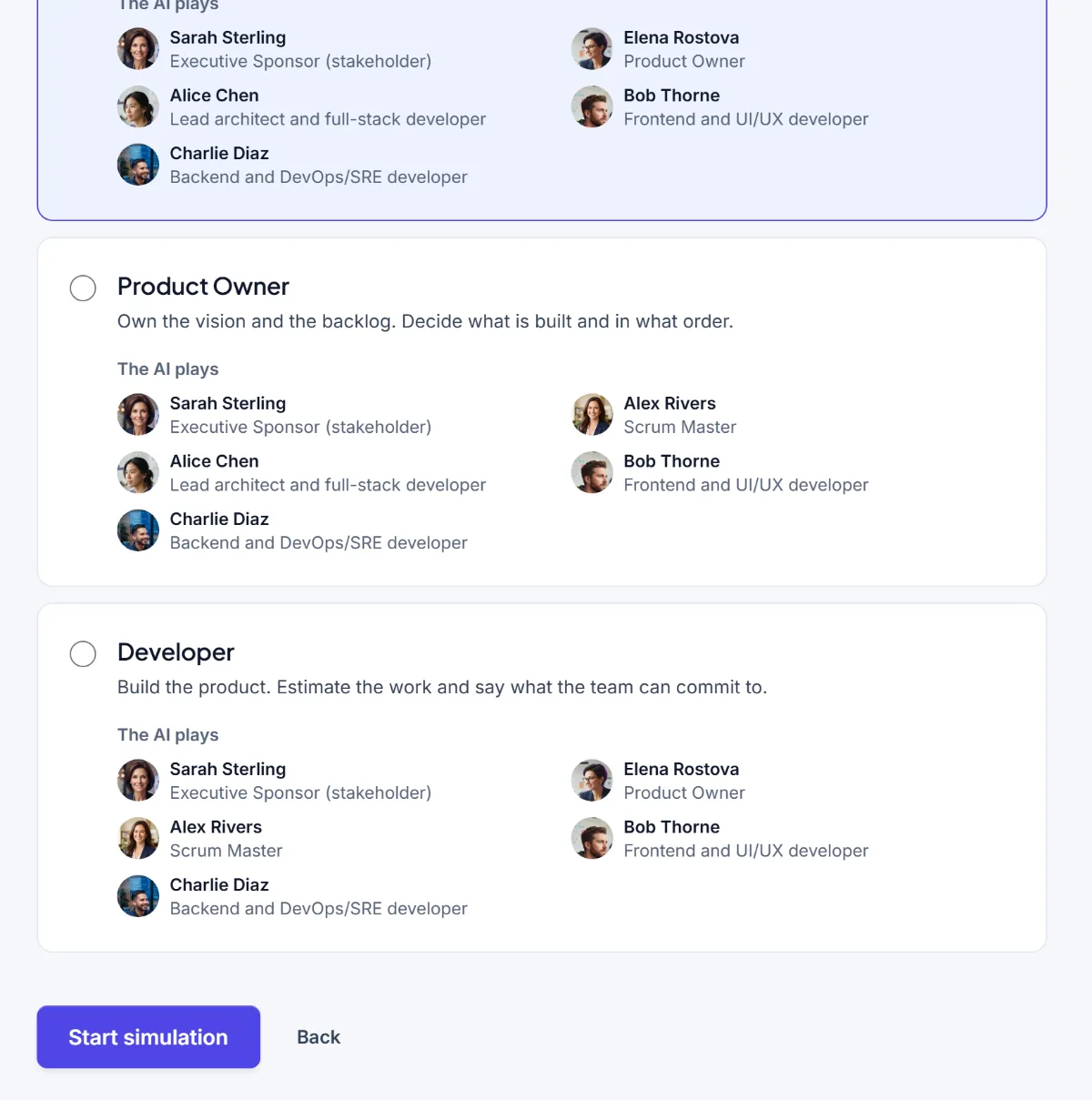 The Product Owner and Developer options on the role chooser, each with the roles the AI teammates would play
