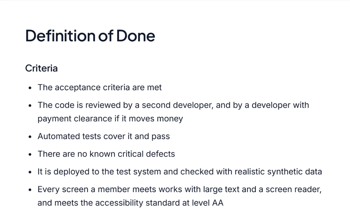 The top of a Definition of Done document for a credit union mobile app, listing the first six criteria the team agreed to