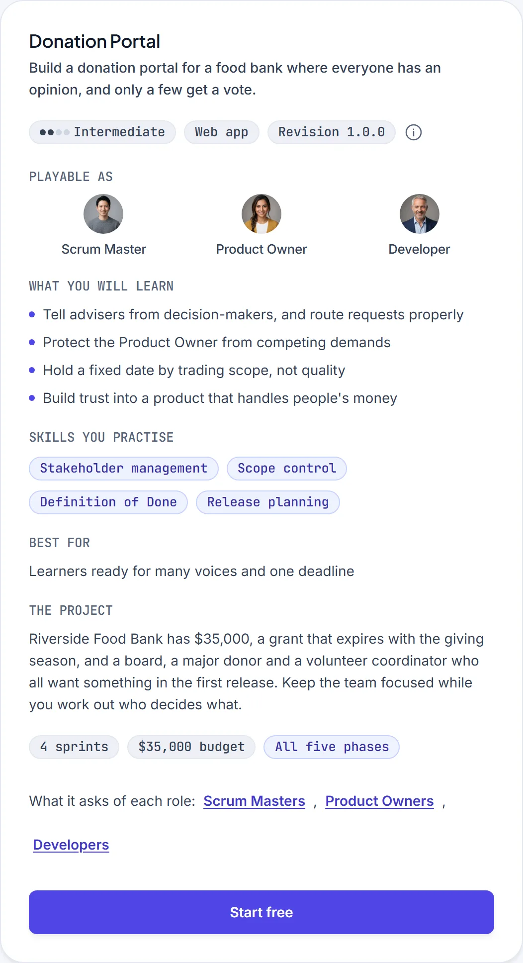 The Donation Portal scenario card on the scenarios page, showing its difficulty, roles and learning outcomes