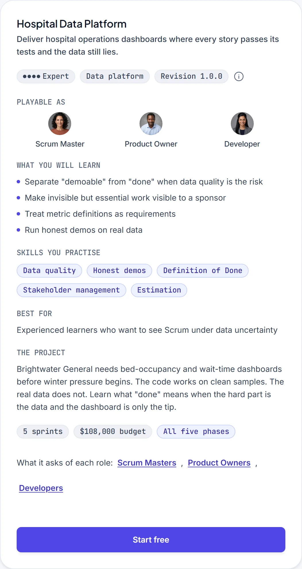 The Hospital Data Platform scenario card on the scenarios page, showing its difficulty, roles and learning outcomes