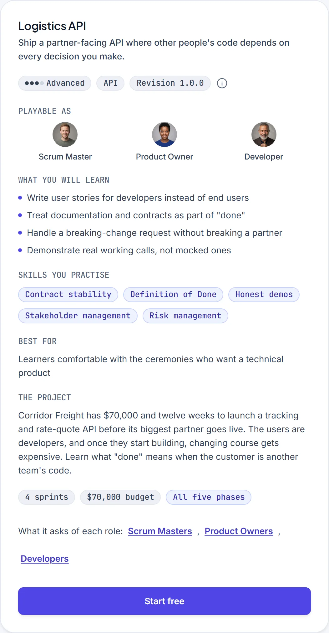 The Logistics API scenario card on the scenarios page, showing its difficulty, roles and learning outcomes