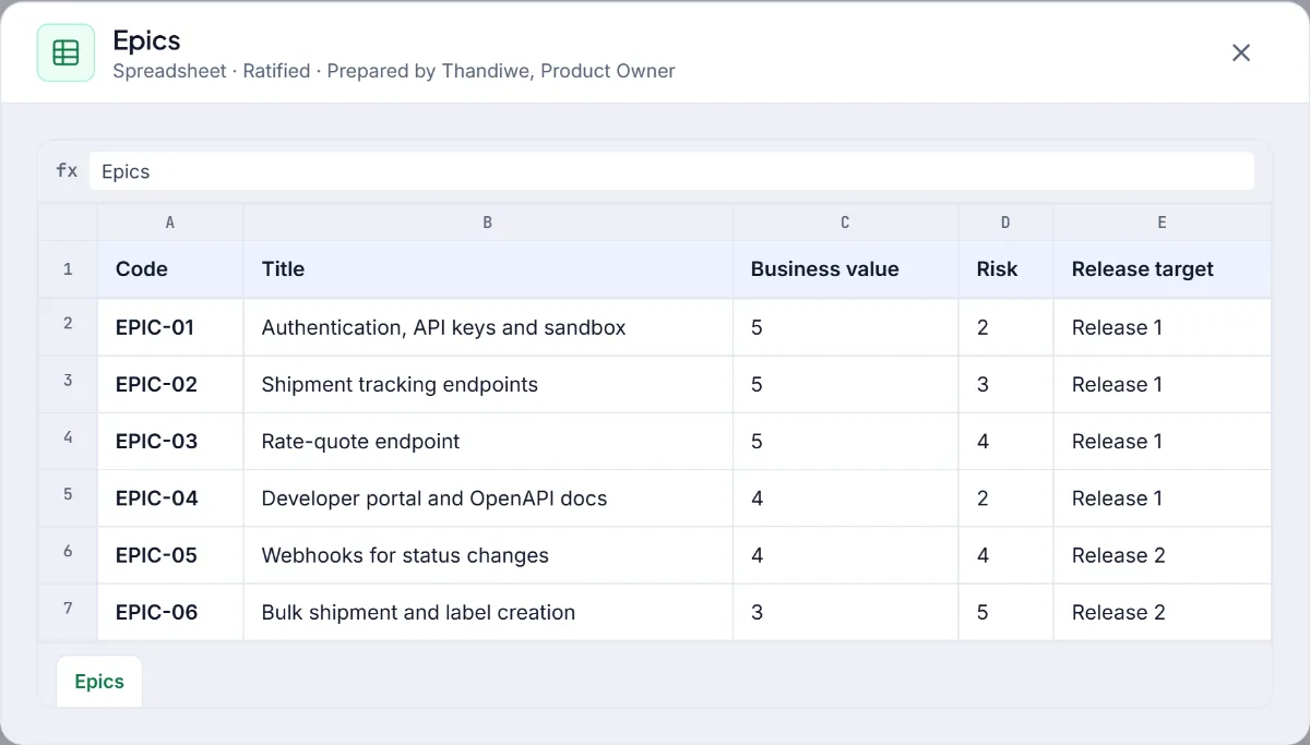The top of the epics spreadsheet for the API, listing the large areas of work with their value and risk