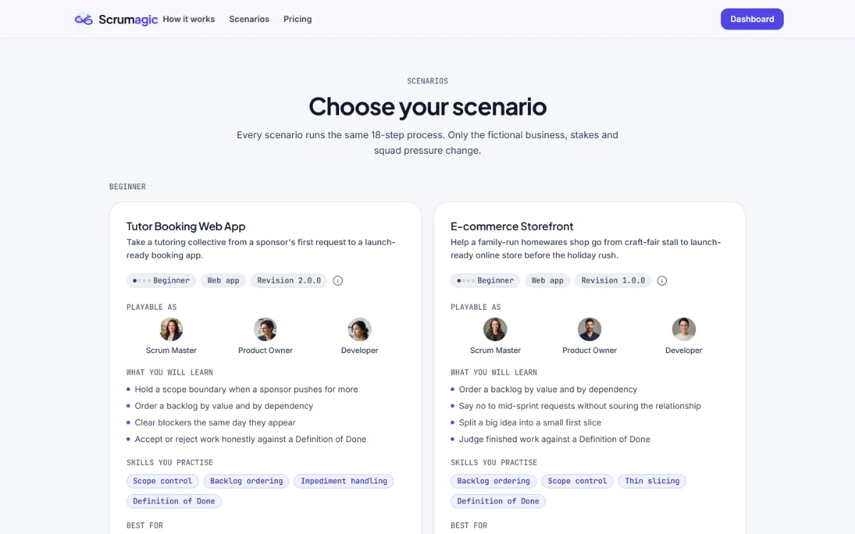 The scenarios page showing two beginner scenario cards, with the roles you can play and what each one teaches