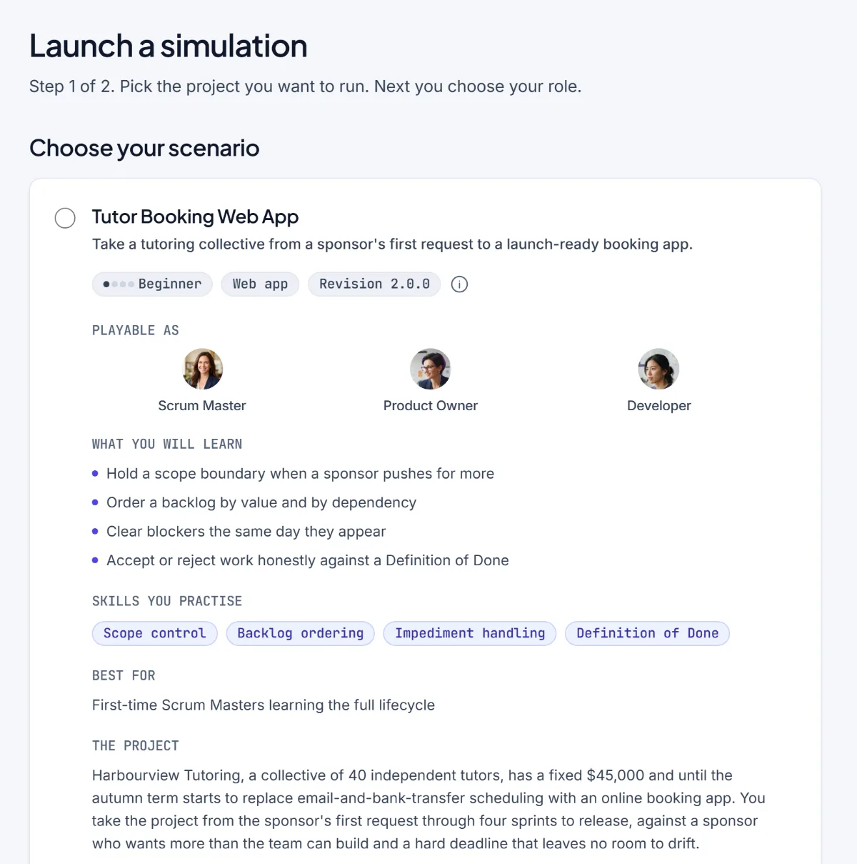 The first screen of launching a simulation, listing the Tutor Booking scenario with what you will learn and its skills