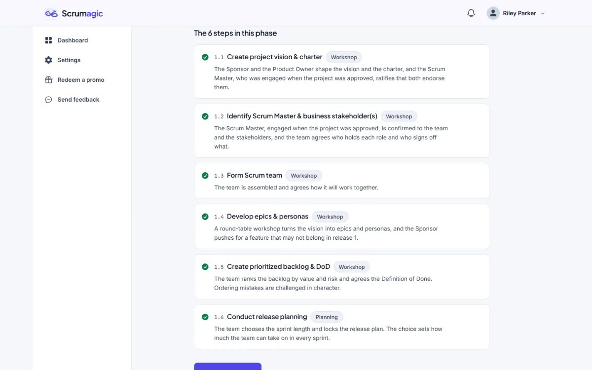 The overview of Phase 1 listing its six steps, with a short summary of each and the Start the phase button
