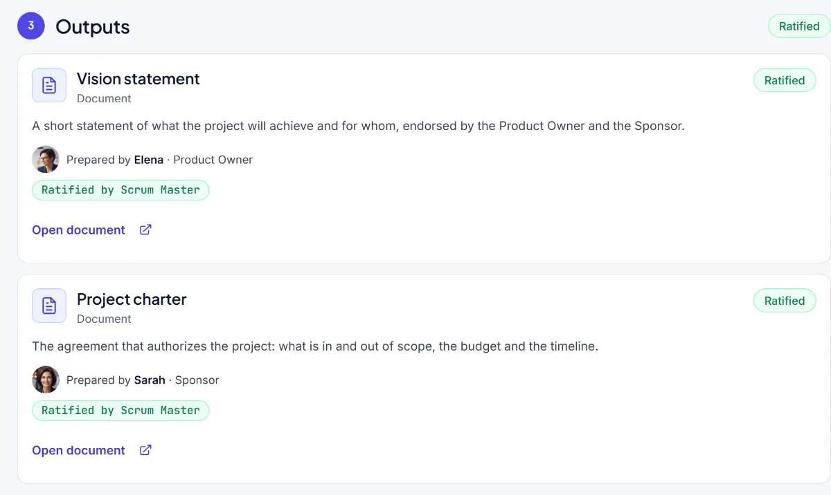 The outputs of the first step, a vision statement and a project charter, each marked as ratified by the Scrum Master