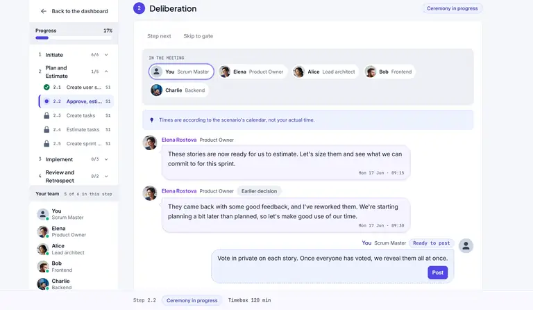 The ceremony workbench mid-debate: named AI teammates talk through the sprint in chat bubbles while the learner, as Scrum Master, prepares a reply.