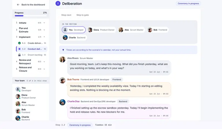 The daily standup from the Developer seat: teammates report what is done and what blocks them, and the learner has a line ready to post.