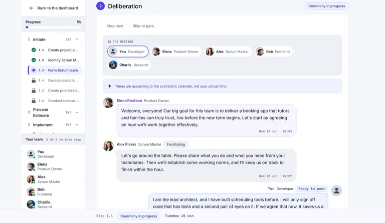 The team formation workshop from the Developer seat: the learner sits in the meeting beside the Product Owner, the Scrum Master and the other developers, with a first line ready to post.