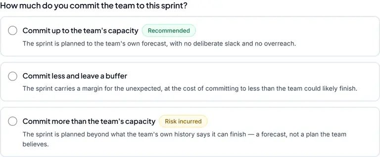 A decision gate: the situation, a question to ask the team first, and the options to choose from, some marked Recommended or Risk incurred.