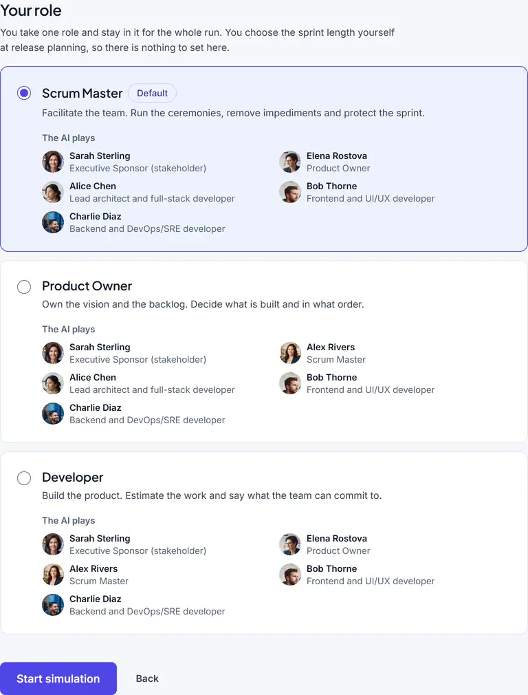 The launch screen with the Tutor Booking scenario chosen and the three roles to play, Scrum Master, Product Owner and Developer, each showing which teammates the AI plays.