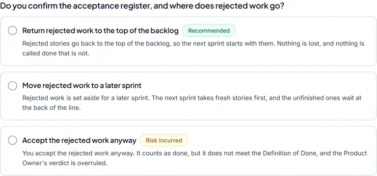 The sprint review from the Product Owner seat: the decision to accept or reject each story against the Definition of Done.