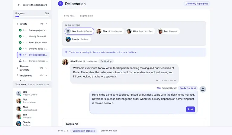 Ranking the backlog from the Product Owner seat: the learner posts the candidate backlog ranked by business value, and the developers challenge the order.