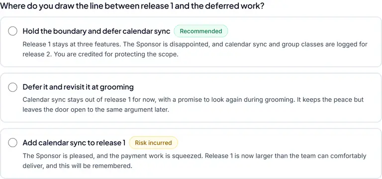The scope boundary from the Product Owner seat: where to draw the line between release one and the deferred work when the Sponsor pushes for a feature.