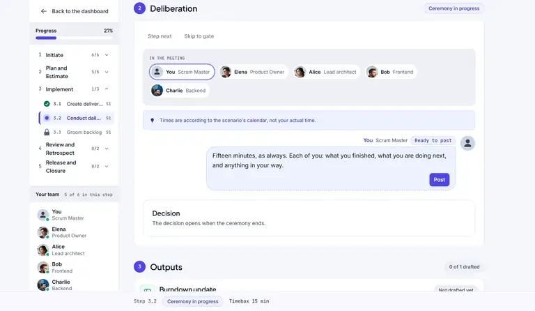 The daily standup as Scrum Master: teammates report what is done and what blocks them in chat bubbles while the learner prepares a reply.